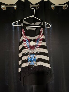 Affliction Black and White Striped Eagle Graphic Tank Top
